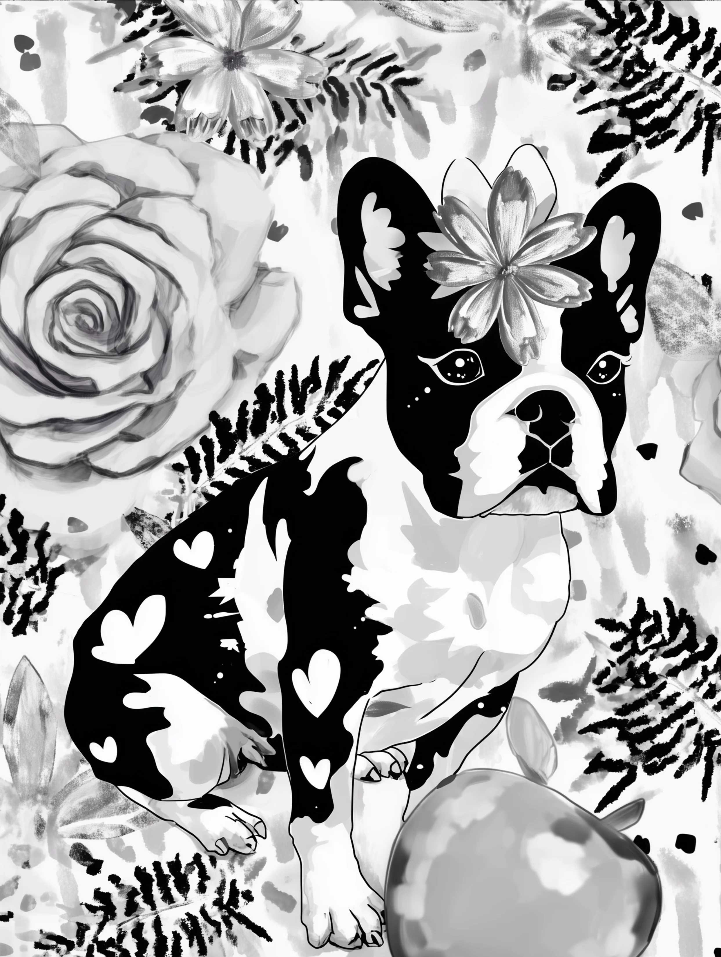 Free printable french bulldog coloring page featuring a frenchie surrounded by ferns